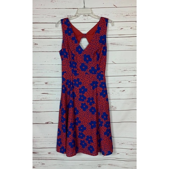ModCloth Women's L Large Red Blue Retro Floral Polka Dot Sleeveless Cute Dress - Picture 1 of 12